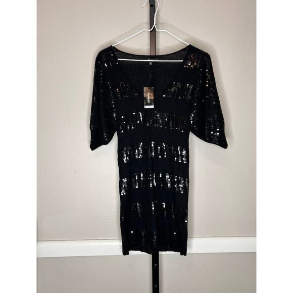 Express Black Sequin Embellished Striped V-Neck 3/4 Sleeve Y2K Style Mini Dress - Picture 2 of 8